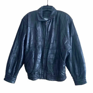 Vintage Black 100% Leather Bomber Type Jacket Mens M Lined Patchwork/Quilted